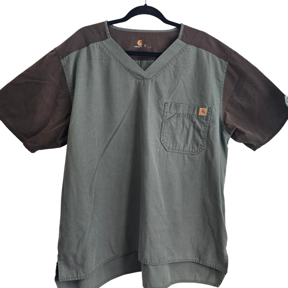 😀 Carhartt Force Mens XL Scrub Top Olive Green Brown Ripstop V-Neck C14108